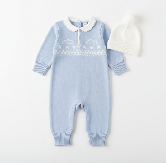 Blue Knitted Romper - Front View